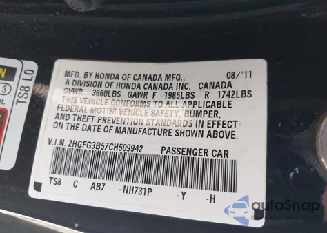 2012 Honda Civic Lx z USA, uszkodzony, nr VIN 2HGFG3B57CH509942